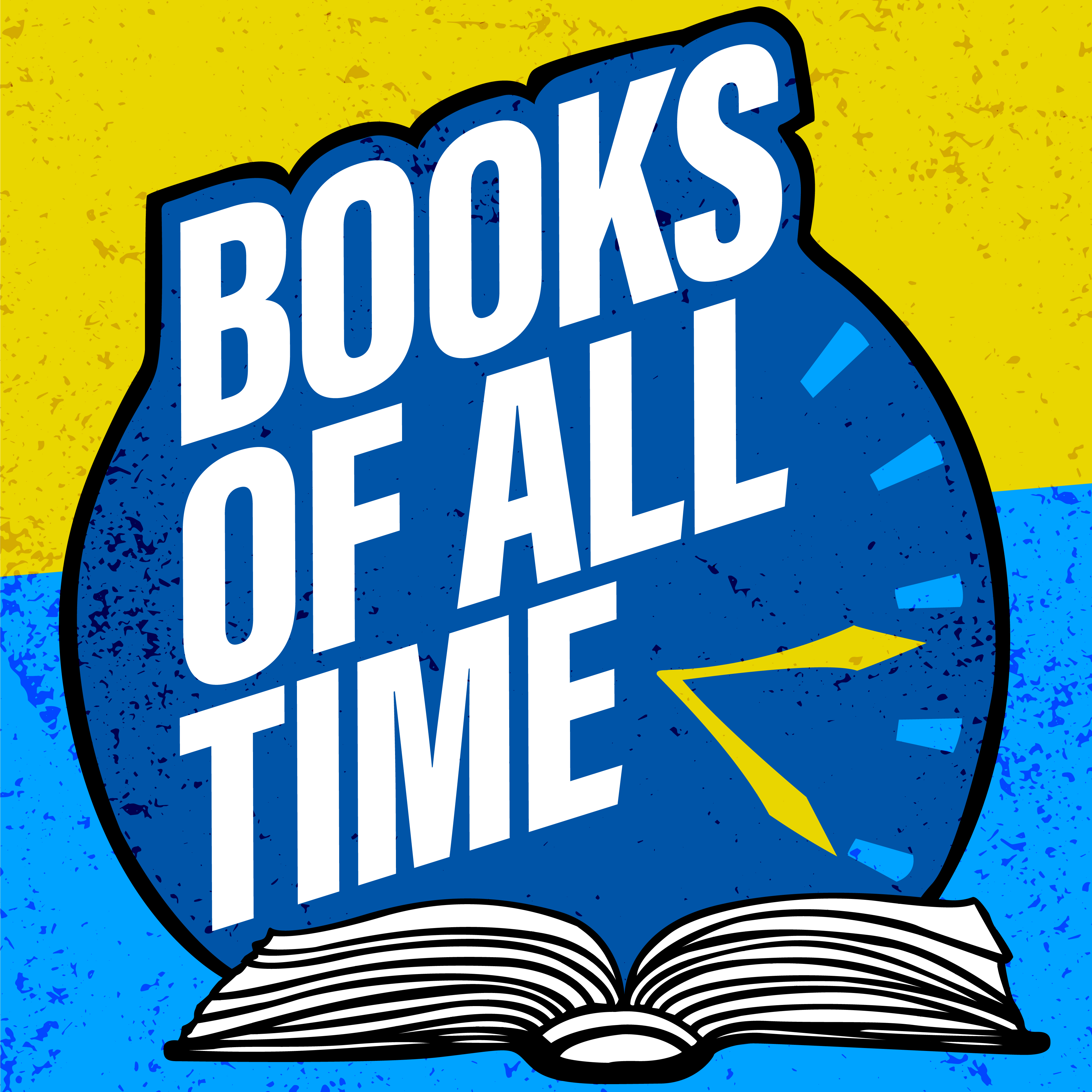 Illustrated image showing the Books of All Time logo: a book lies open in front of a clock on a blue and yellow background