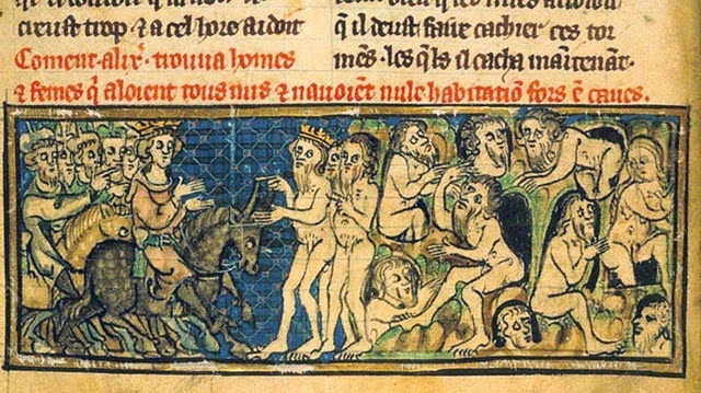 medieval manuscript with gothic text showing Alexander the Great on the left and the naked yogis (the gymnosophists) on the right.