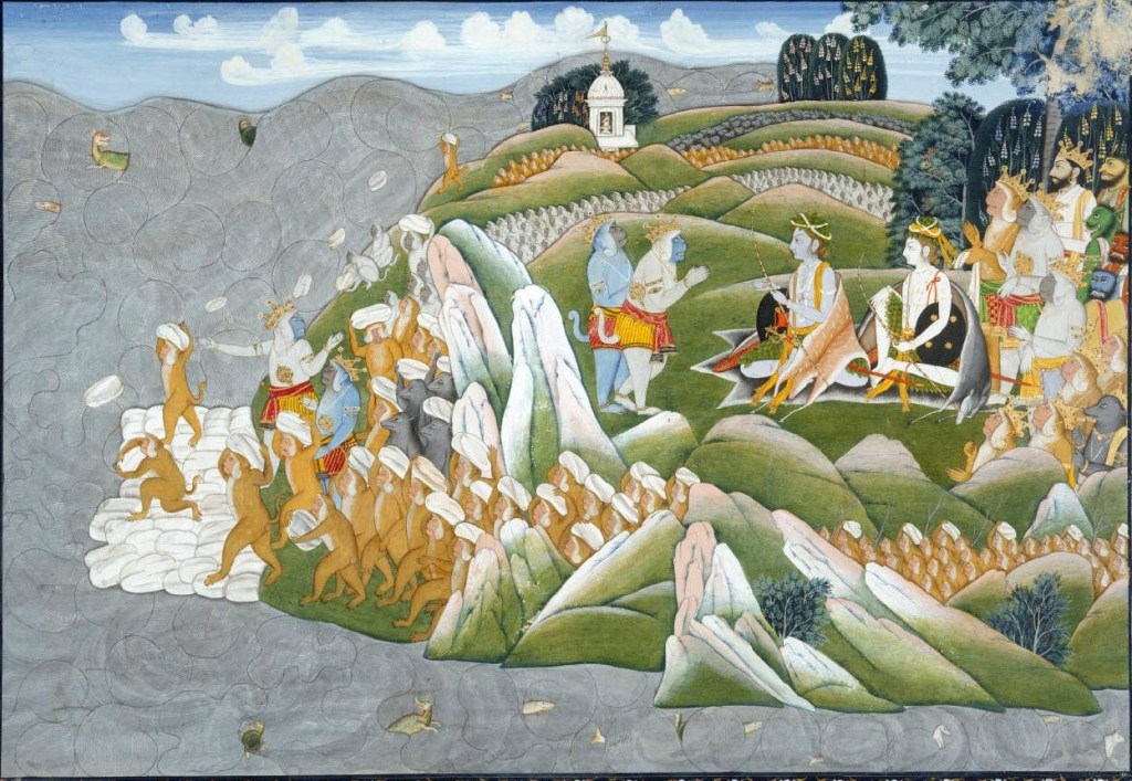 19th century illustration of scenes from the Ramayana. Rama and his brother, seated in the centre-right of the image, listen as the monkey king Sugriva and his loyal servant Hanuman describe their plan to build a bridge across the ocean from India to Sri Lanka. To the left, we see monkeys pitching stones into the sea.